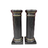 Pair of antique ebonised and gilt heightened pedestals, each of fluted form on square plinth, 118cm