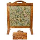 Rare early Robert Mouseman Thompson carved oak fire screen, square form with integral pierced surmou