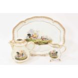 19th century Meissen tray, painted with cockerels and a gilt border, with matching coffee pot and mi