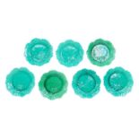 Group of seven Wedgwood green majolica leaf shaped plates, impressed marks, 20cm diameter