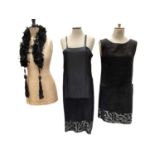 1920s Flapper dress in black silk crepe, heavily beaded with beaded tassels, 1920s long black gown w