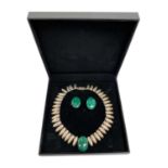 Silver (925) fringe style necklace with an oval polished malachite pendant, together with a pair of