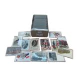 Postcards military selection in shoebox size container to include political, comic, Zeppelin real ph