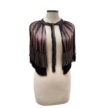 1920s / 30s Art Deco black crepe silk capelet with rose pink 'sunburst' beaded and beaded tassels, m