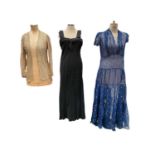 1920s/30s evening dresses in lace, chiffon and crepe and gold tone metallic thread evening jacket.
