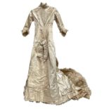 Exquisite 1882 wedding dress, cream satin silk with multi pleated trims, lace and tiny faux pearls t