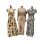 1940s and 50s dresses including floral evening dress with gathered bodice, floral evening dress, gat