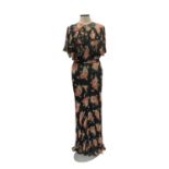 Group of 1920s and 1940s evening dresses, including black floral chiffon with matching capelet, crea