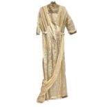 1911 wedding dress, cream silk brocade with lace and silk crepe drapes, boning to sides of bodice. S