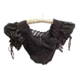 Victorian clothing including heavily beaded boned bodice, black lace blouse with polka dot net sleev