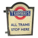 Original London Tramways double sided enamel sign "All Trams Stop Here", 44 x. 34.5cm