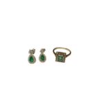 9ct gold emerald and seed pearl rectangular cluster ring and a pair of emerald and seed pearl silver