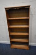 A MODERN PINE OPEN BOOKCASE, fitted with four fixed shelves, width 92cm x depth 30cm x height 183cm,