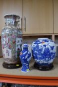 THREE CHINESE VASES comprising a large blue and white ginger jar, on a carved wooden stand,
