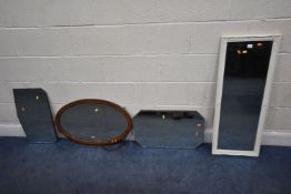 FOUR MIRRORS, varying in shape, size, style, material, etc, largest mirror 99cm x 38cm, along with a