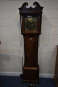 A GEORGIAN OAK CASED 30 HOUR LONGCASE CLOCK, with twin swan neck pediment, the glass door