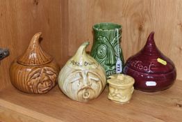 FIVE NOVELTY FACE POTS, comprising Celery (cracked), Beetroot, two x (Pickled) Onions (chips to both