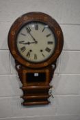 A 19TH CENTURY WALNUT AND INLAID DROP DIAL WALL CLOCK, with a glass door that’s enclosing an 11 inch