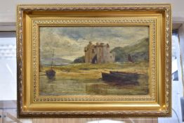 A LATE 19TH CENTURY COASTAL LANDSCAPE, a castle stands on the shore while boats are at their