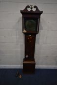 A GEORGIAN OAK CASED 30 HOUR LONGCASE CLOCK, with twin swan neck pediment, a brass finial with a