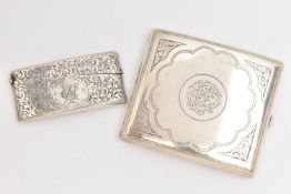 A SILVER CIGARETTE CASE AND A SILVER CARD CASE, the cigarette case of a square form, engraved
