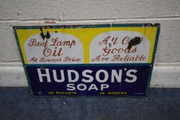 A HUDSON'S SOAP RECTANGULAR ENAMEL SIGN, 'best lamp oil at lowest price, all our goods are reliable'