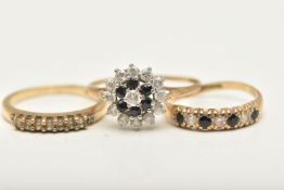 THREE GEM SET RINGS, to include a 9ct gold cubic zirconia cluster ring, ring size V, an AF