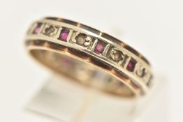 A 9CT GOLD BI-COLOUR FULL SET ETERNITY BAND RING, set with square cut rubies and circular cut