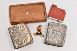 A SMALL ASSORTMENT OF ITEMS, to include two miniature silver fronted hymn books, both hallmarked
