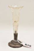AN EDWARD VII SILVER AND GLASS POSY VASE, a small fluted cut glass vase with a silver base,