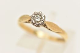 AN 18CT GOLD SINGLE STONE DIAMOND RING, round brilliant cut diamond, illusion set in a white metal