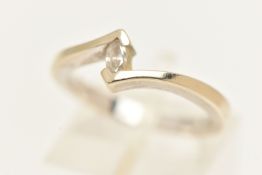 A 14CT WHITE GOLD DIAMOND SINGLE STONE RING, set with a marquise cut diamond, to the tapering