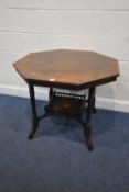 AN EDWARDIAN ROSEWOOD OCTAGONAL CENTRE TABLE, with marquetry inlay, raised on spiral supports,