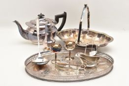 A PAIR OF GEORGIAN SILVER SUGAR TONGS AND WHITE METAL WARE, bright cut pattern sugar tongs with