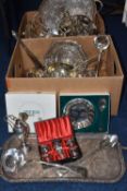 TWO BOXES OF ASSORTED WHITE METAL WARE, to include a pair of three branch candlesticks, a pair of