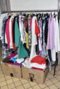 TWO BOXES AND LOOSE LADIES' CLOTHING, to include coats, jackets, knitwear, suits, tops, dresses,