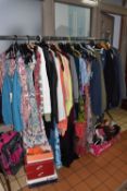 A BOX AND LOOSE LADIES' CLOTHING AND ACCESSORIES, to include dresses, tops, trousers, beach wear,