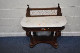 A 19TH CENTURY MARBLE TOP WASH STAND, with a raised tile back, raised on front shaped legs, united