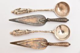 TWO NOVELTY BOOK MARKS AND TWO SALT SPOONS, both bookmarks in the form of a trowel, both stamped '