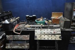 A COLLECTION OF TOOLS including two folding workbenches, a Record G Clamp, a Sash cramp, a small