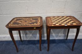 TWO REPRODUCTION ITALIAN TABLES, one with a hinged lid, with a chess board inlay, width 51cm x depth
