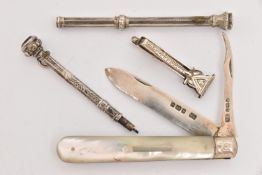 A SILVER AND MOTHER OF PEARL FRUIT KNIFE, A SILVER NAPKIN HOLDER AND TWO PROPELLING PENCILS, the