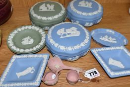 ELEVEN PIECES OF WEDGWOOD JASPERWARE, comprising a pink miniature cream jug and teacup, a pink