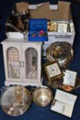 A BOX OF ASSORTED ITEMS, to include a single silver tapering posy vase on a round weighted base,
