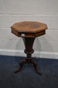 A VICTORIAN BURR WALNUT TRUMPET WORK TABLE, the hinged lid enclosing various divisions, raised on