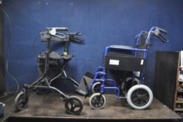 AN ELITE CARE FOLDING WHEEL CHAIR with two footrests and a Zoom Plus Rollator (2)