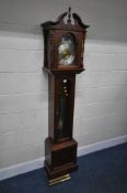 A LATE 20TH CENTURY EMPEROR CLOCK CO MAHOGANY LONGCASE CLOCK, with a brassed and silvered dial,