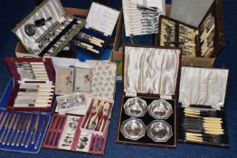 TWO BOXES OF ASSORTED CASED AND BOXED SETS OF CUTLERY AND WHITE METAL WARE, to include a cased set