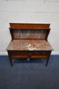 AN EDWARDIAN MAHOGANY MARBLE TOP WASHSTAND, the raised back with a marble insert, atop a base with
