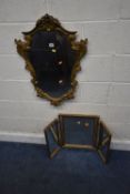 A MODERN GILT RESIN WALL MIRROR, 54cm x 75cm, along with a triple dressing mirror, condition report: